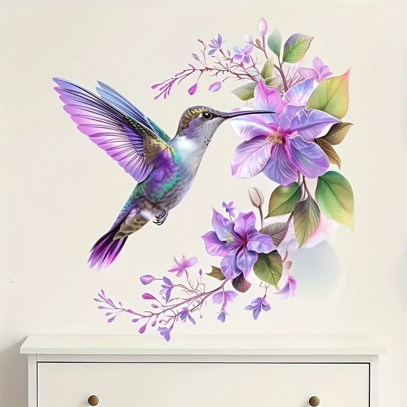 Pvc Panel Background - 보라색 꽃과 벌새 스티커 1개, 탈부착