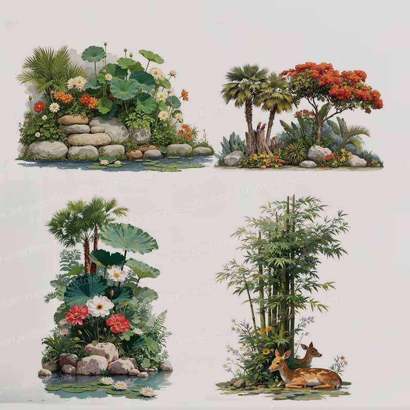 Pvc Panel Background - 열대 식물 꽃 나무 벽 스티커